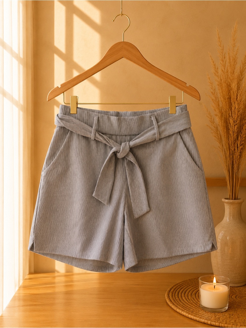 Women's Light Gray Tie-Belt Bermuda Shorts